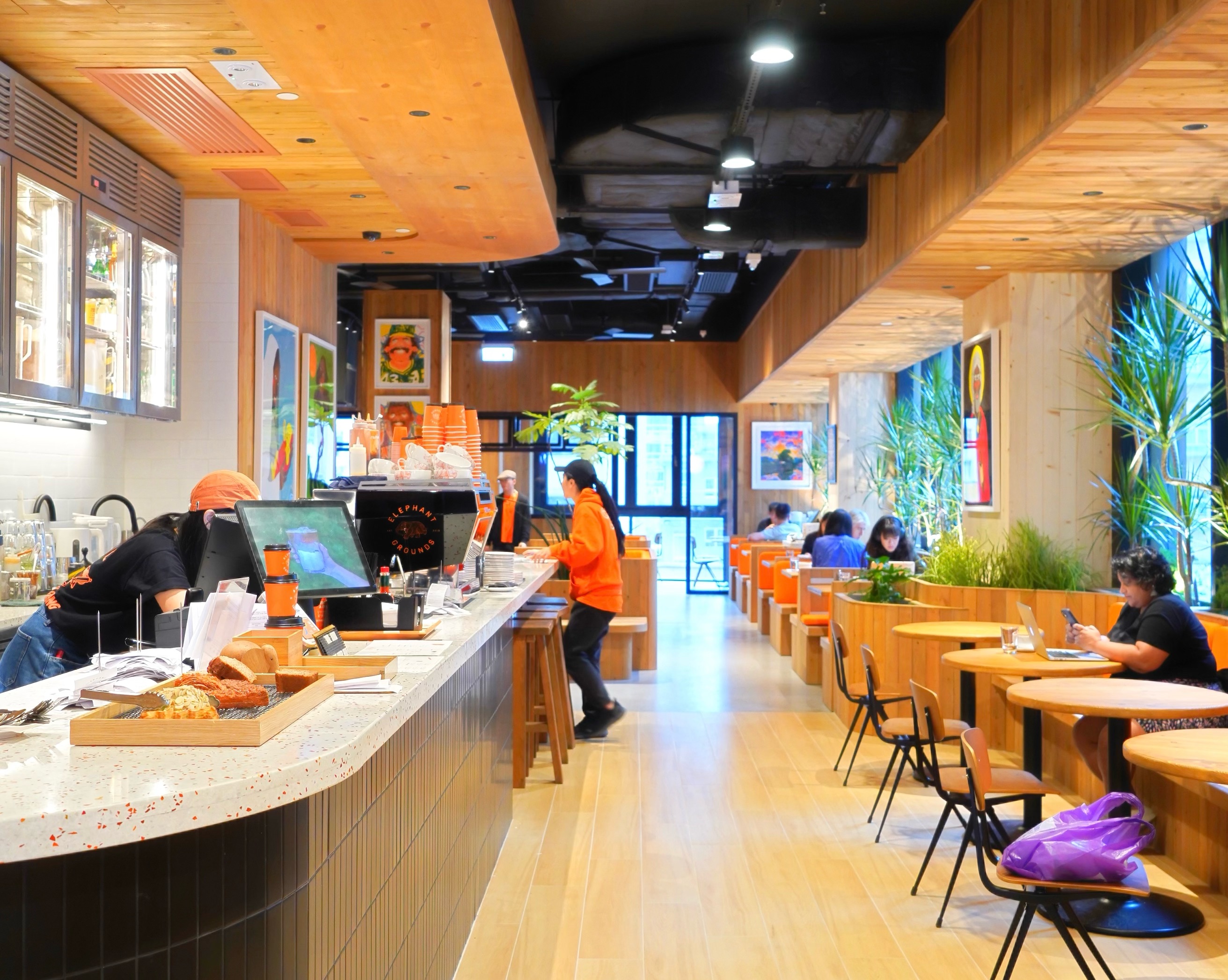 Elephant Grounds at 73 Caine Road, with its long coffee counter, wooden interior, orange seating and tall plants beside the windows.