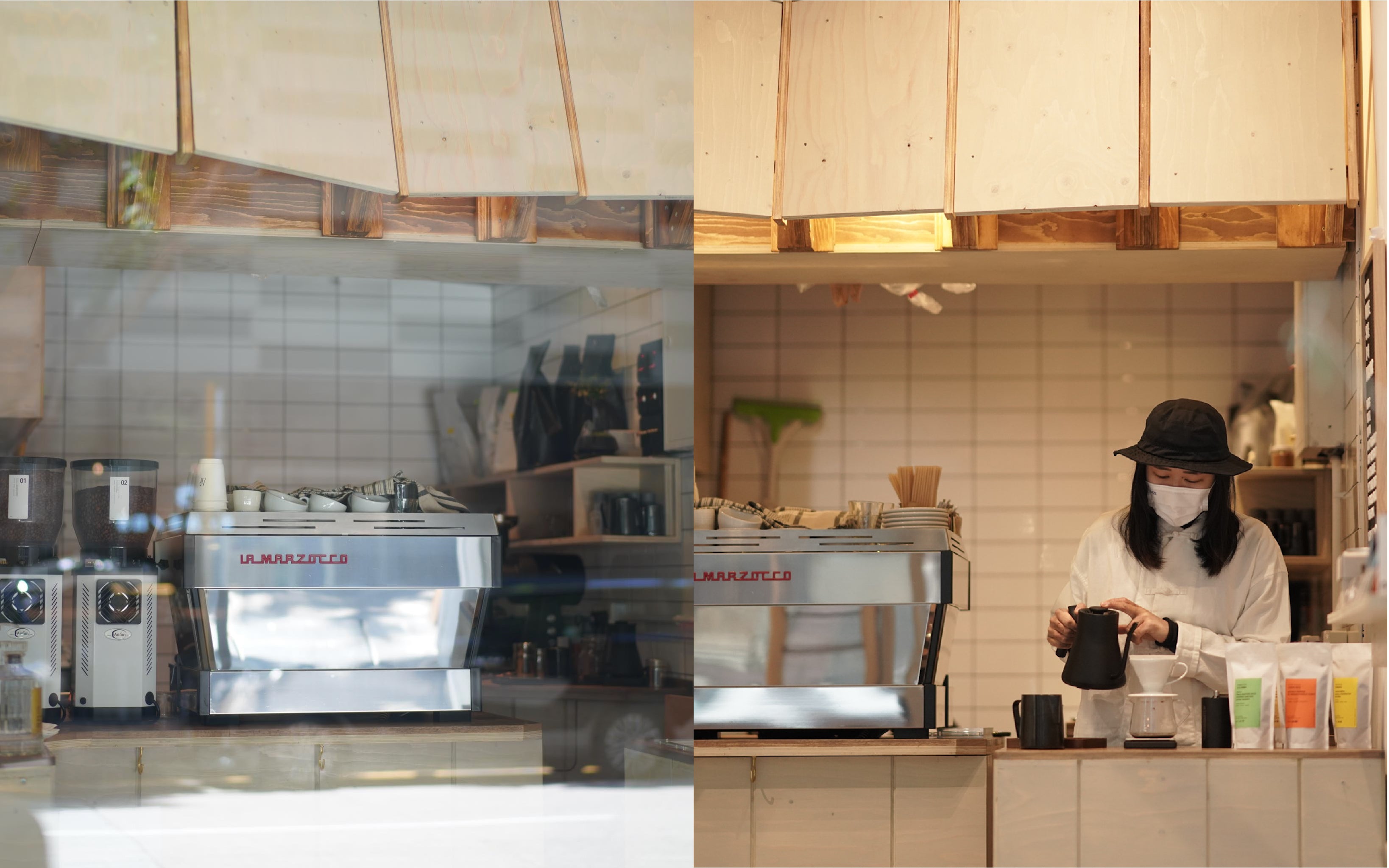 Barista behind the pale wood coffee counter at Artista Perfetto Kowloon Bay